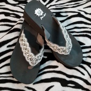 yellow box jeweled flip flops